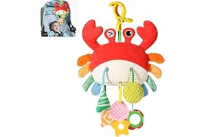 SKY-TOUCH Crab Car Seat Toy for Babies - Multi-Sensory Infant Stroller Toy with Mirror, Bell, Rattles, Crinkle, Teether - Safe, Soft, Fun Activity Toy for 18 months+