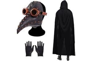 SKYSTUFF Máscara de Doctor de la Plaga Pico de Pájaro Largo Pico de Nariz Máscara Steampunk con un par de guantes y Capa negra con capucha Disfraz de Halloween