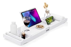 Kamiya Ripiano da bagno in bambù estensibile, vassoio vasca da bagno - Bambù, antiscivolo, adatto alla maggior parte delle dimensioni del bagno 75-110 x 4,5 x 23 cm bianco