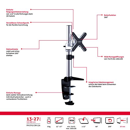 PureMounts PM-STYLE-DM-23A Schreibtisch Halterung für Monitore bis 71cm (28 Zoll), schwenkbar, neigbar, drehbar, VESA 100 - 5