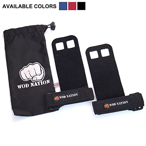 WOD Nation Leather Gymnastics Hand Grips by Perfect for Pull-up Training, Kettlebells and Barbells + FREE carrying case (LARGE)