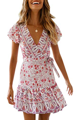 Ajpguot Vestido de Verano Mujer Impresión Mini Vestidos de Playa V-Cuello Manga Corta Vestido con Cinturón Sundress Elegante Corto Dress de Partido Fiesta (M, 183045 Rosa Claro)