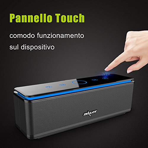 ZEALOT - S7 Altoparlanti Touch Control Bluetooth Speaker Wireless,10000mAh Banca di Potere/26W/LED Lignt/3,5mm AUX/TF Card per Iphone /Smartphone Android/Mac/Tablet PC,ecc-NERO
