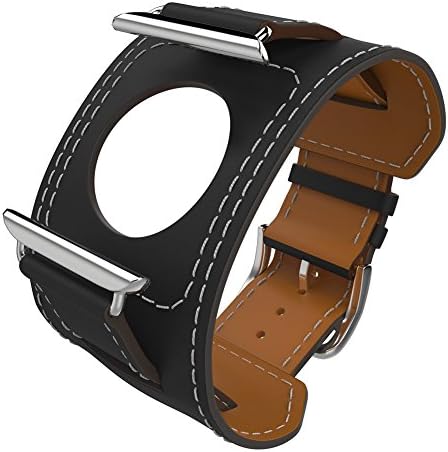 For Apple Watch Strap,CHEEDAY Cuff Band Genuine Leather Strap iWatch Band Bracelet Replacement Wristband with Stainless Steel Adapter Metal Clasp for Apple Watch 38mm Series 1 Series 2 Series 3 (Black 38mm)