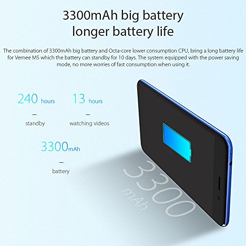 Vernee M5 Smartphone 4GB RAM 64GB ROM Android 7.0 MTK6750 1,5GHz Octa Core 5,2 Pulgadas 2,5D IPS Dual Cámara 13MP & 8MP Batería 3300mAh Dual NANO SIM Huellas Dactilares, Negro - Vernee