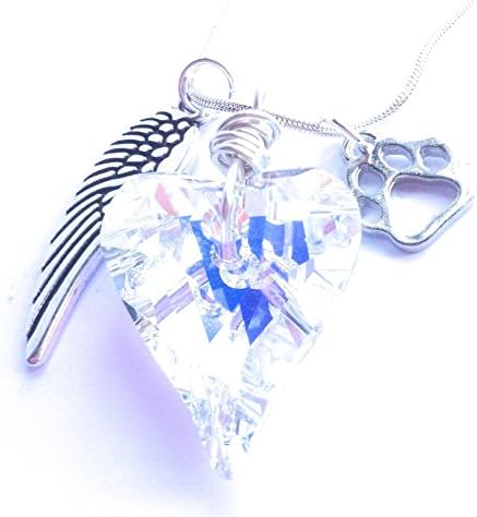 Cat or Dog - Pet Remembrance / Sympathy - Swarovski Heart with Silver Paw Print and Angel Wing