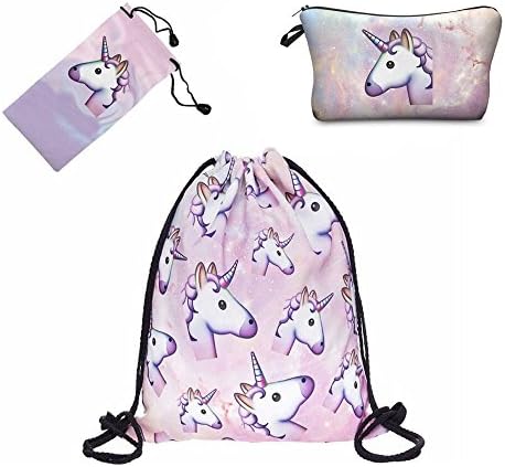 Liaosize 2017 Beautiful Cute Fashion Unicorn Pattern 3D Printed Drawstring Bag Backpack &amp; Cosmetic Makeup Bag For Teenage Girls Women Travel Gym School (2 Pieces) (Pink)