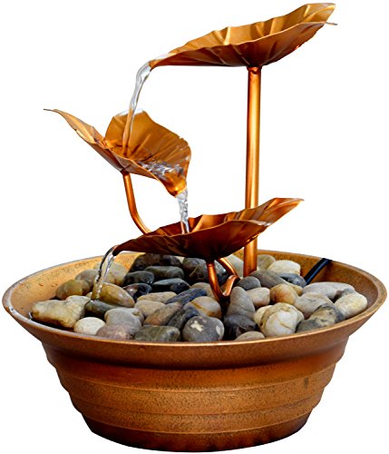 dobar 96420e Design Zimmerbrunnen mit Deko-Steinen, Blätter-Wasserspiel mit Pumpe für innen, Metall und Kunststoff, braun, 22.5 x 22.5 x 23.5 cm - 4