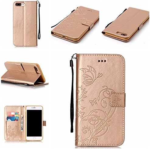NEXCURIO [Embossed Flower] 5.5" iPhone 7 Plus / iPhone 8 Plus Wallet Case with Card Holder Folding Kickstand Leather Case Flip Cover for Apple iPhone 7 Plus / 8 Plus (5.5-inch) - Gold
