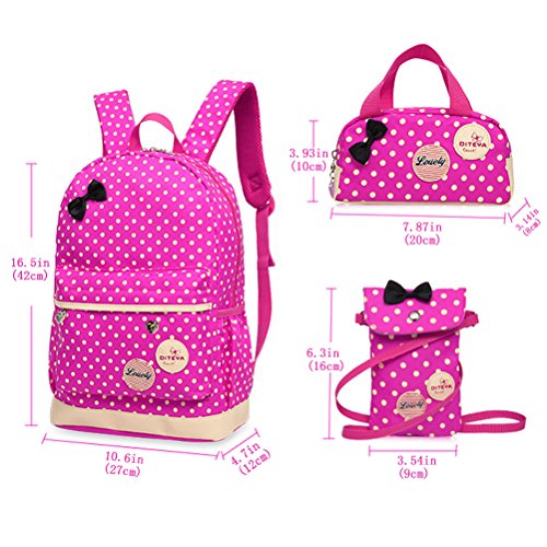 FRISTONE 3Pcs Enfants Sac à Dos Scolaire pour Fille Sac à Bandoulière Mignon Polka Dot Sac à Main (Rouge)