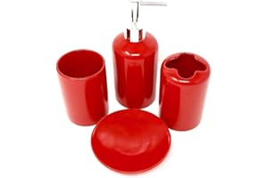 WPM WORLD PRODUCTS MART 4 Piece Ceramic Bathroom Accessories Set - Red - Our Complete Bath Decor Kit Includes Designer Soap or Lotion Dispenser - Toothbrush Holder - Tumbler - Soap Dish