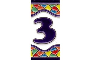 TORO DEL ORO Números para casas. Números y Letras en cerámica esmaltada, Pintados a Mano con la técnica de la cuerda seca. Nombres y direcciones Modelo Mini Mosaico 3,5 cms x 7,5 cms (Número tres "3")