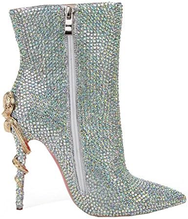 Women Boots Thin High Heels Leather Diamond Handmade Nightclub Evening Party Office Working Pumps Zipper Metal Snake Shoes . Silver . 34