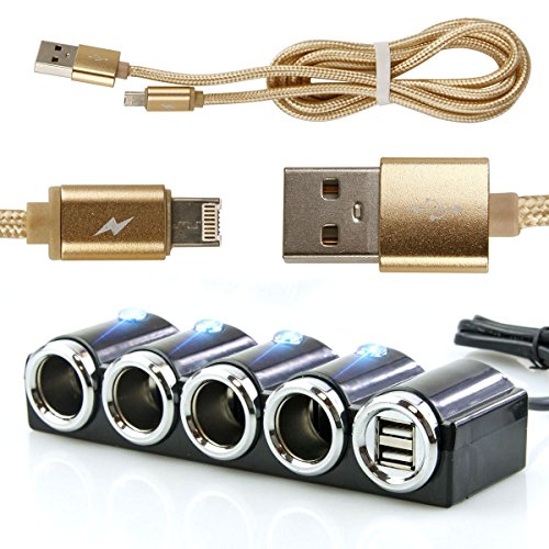 KFZ 12V/24V Auto Verteiler 6 Fach - 4x Zigarettenanzünder Adapter mit 2x USB Ladegerät 120W + Kabel 2in1 microUSB/Lightning für Handy Smartphone GPS Navigation - Ladesteckdosen LED