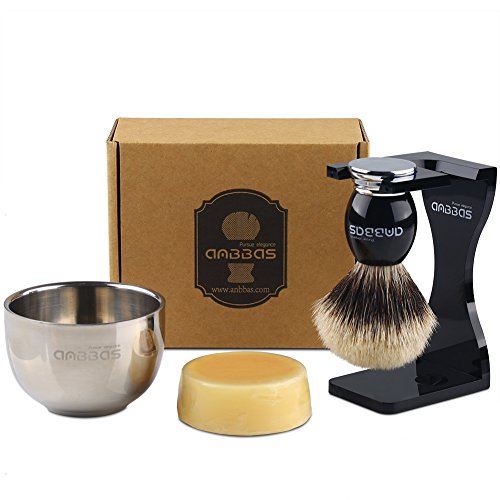 4pcs Shaving Set, Anbbas Silvertip Badger Shaving Brush with Black Resin & Alloy Handle,Acrylic Shaving Stand with Black…