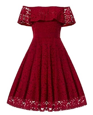 Gigileer Femme Robe de Soirée Floral Lace Bateau Cou Swing Cocktail Swing Party Mesh Robe de mariage Vin rouge L