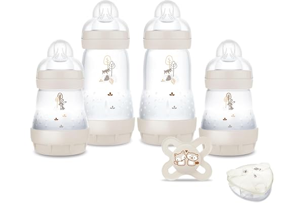MAM|Mon coffret Naissance(6 produits)Sable 4 biberons Easy Start Anti-Colique+1 sucette Naissance+1 boîte doseuse offerte–Cadeau de naissance idéal avec biberons et tétine ultra douce-dessin aléatoire