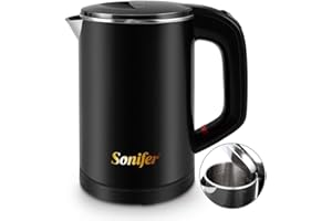 SONIFER Bollitore da viaggio da 0,6l in acciaio inox da campeggio bollitore design a doppia parete 800W bollitore da tè bollitore da tè evitare scottature riscaldamento silenzioso | risparmio energetico(Nero)