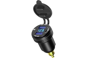 MEIJEEGU DIN Powerlet Stecker auf Dual Quick Charge 3.0 USB Ladeadapter mit Voltmeter und Schalter für Motorrad Ducati, Triumph, BMW Motorräder (Schwarz)
