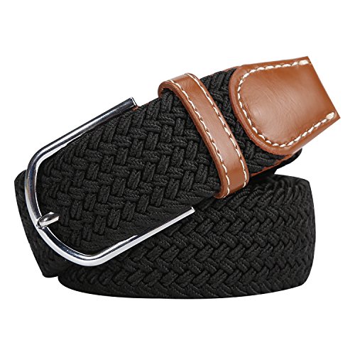 Elastic Braided Belt Unisex Men Women Vintage Casual Elastic Fabric Woven Stretch Size Free (Black)