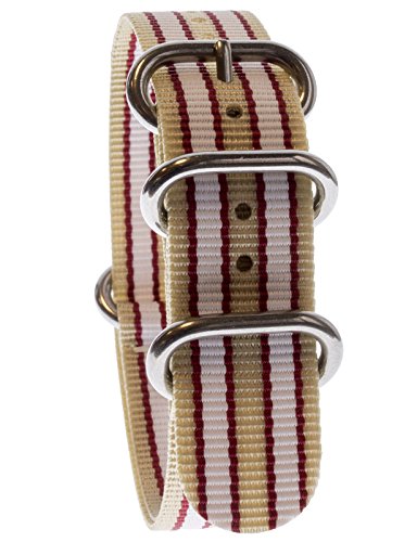 Yves Camani Unisson 20 mm Uhren-Armband Nylon Nato-Band Beige/Weiß/Rot Neu AB_203