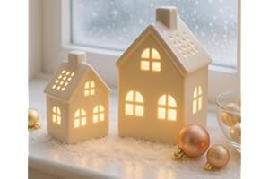 khevga Weihnachtsdekoration Haus Teelicht oder LED aus Keramik 2er Set Weiß (Mit LED)