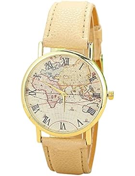 Unisex Armbanduhr roemische Ziffern Weltkarte Flugzeug gold Lederband beige