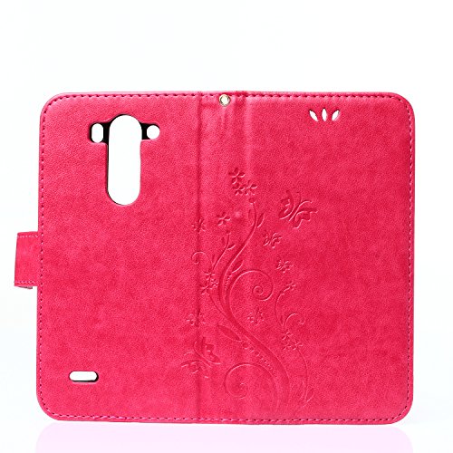 LG G3 S / G3 Mini Leder Hülle ,SKYXD Drucken Schmetterling Blumen Prägung Motiv PU Folio Ledertasche [ Standfunktion / Magnetverschluss / Kartenfächer] Einfarbig Handyhülle 3 in 1 Handytasche mit Eule Staubstecker + Eingabestift für LG G3 S / G3 Mini Schutzhülle – Rot - 3
