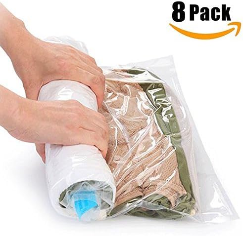 Kitclan Travel Space Saver Bags, 8 Packs of Sizes Small to Large Roll-Up Compression Storage Bags for Clothes, Blankets, Towels, No Vacuum or Pump Needed