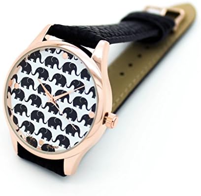 Elephant Pattern Hipster Fashion Blogger Leather Women's Watch Analogue Quartz Rose Gold Black