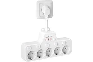 OORKYZZ Regletas Enchufes Proteccion Sobretension, Ladron Enchufes con Interruptor,Regleta 5 Tomas con USB Carga rápida PD20W,Base Enchufe Multiple Interruptor Independiente,Enchufe Pared Cable Corto,Blanco
