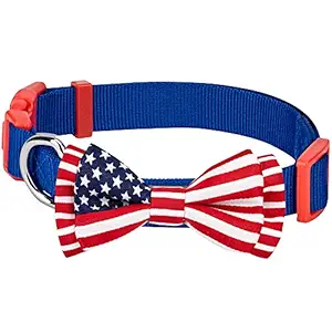 Blueberry Pet 6 Designs Pack of 1 National Pride Handmade Usa Flag W/Jacquard Weave Fabric Detachable Bow Tie Dog Collar in Blue, Small, Neck 12