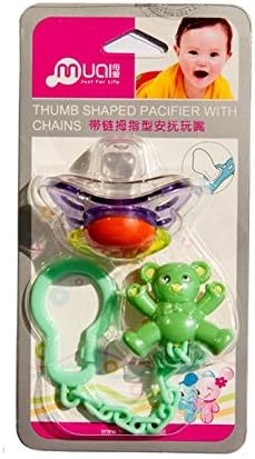 Muai BPA Free Thumb Shaped Dummy Dummies Pacifier Soother With Teddy Chain & Protective Cover
