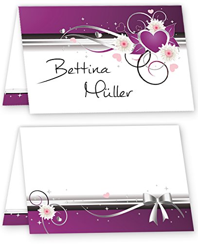 Tatmotive Tischkarten Herzen - für Feiern, wie Geburtstag und Hochzeit und andere Anlässe, 50 Stück - lila violett