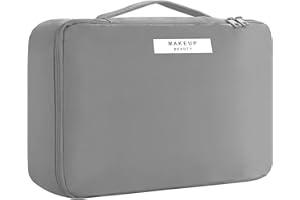 HCFGS Travel Makeup Bag [with Brushes Holder & Detachable Pouch] Cosmetic Bag Makeup Case Storage Organiser for Women & Girls(Grey)