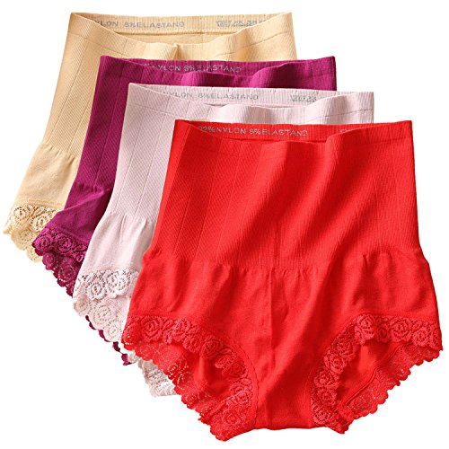 FEOYA Lot de 4 Slips Dentelles Femmes Crosstraining Respirant Doux Élastique Culottes Collant Ventre Plat Confort Taille Haute sans Couture Taille Unique - Couleur 2