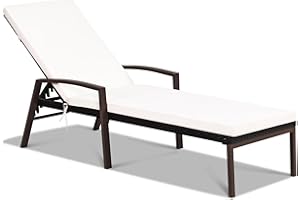 COSTWAY Chaise Longue in Rattan per Cortile, Lettino Sdraio da Giardino, con Cuscino e Braccioli Regolabili, Ideale per Giardino Balcone Piscina