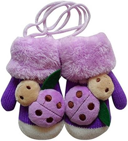 YL Story Unisex Baby Boys and Girls Cartoon Ladybug Mittens with String Winter Warm Plush Lined Kids Infant Gloves for 1-3 Years Old Purple
