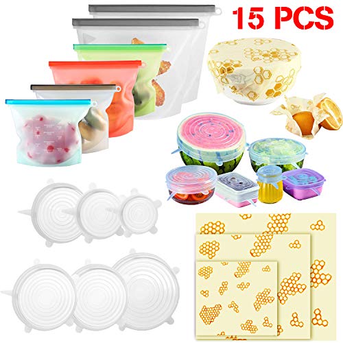 Alpacasso Paquete de 15 Bolsas de Cera de Abejas y Silicona para Almacenamiento de Alimentos y Tapas elásticas, envolturas y Cubiertas de Almacenamiento de Alimentos Reutilizables ecológicos.