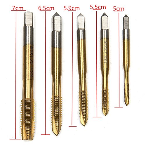 YKEZHU 5tlg. Gewindebohrer Set HSS Rechte Hand Handgewindebohrer Satz Schälanschnitt Titan-beschichtet M3-M8 - 4