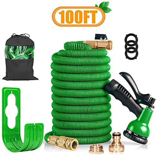Suplong 100FT 3 Times Expanding Garden Hose Flexible Expandable Magic Hose Pipe with 8 Function Spray Gun Solid Brass Fittings Extra Strength Anti-leakage Lightweight Easy Storage