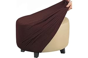 GUNDAN Round Footstool Cover Gray Stretch Ottoman Cover, Fabric Removable Large Stretch Pouffe Cover Anti-Slip Foot Stool Jacquard Slipcovers With Elastic Bottom, Machine Washable