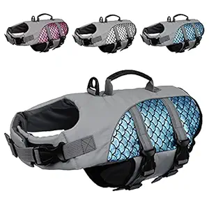 Kuoser High Visibility Dog Life Jacket, Adjustable Pet Floatation Life Vest Dog Swimsuit with Reflective Stripes & Rescue Handle, Shining Fish Scales Dog Lifesaver Swimwear for Pool Beach Blue S