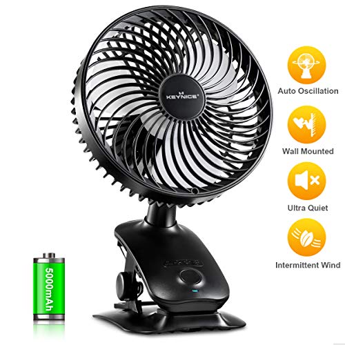 KEYNICE Ultra Quiet Mini USB Fan, Clip on Fan and Desk Fan with two 2500mAh Rechargeable Batteries 4 Speeds Auto Rotation Desktop Fan Portable Fan for Camping Picnic Trip Baby Stroller Office Home