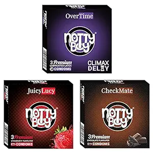 NOTTY BOY Climax Delay Longlasting, Chocolate And Juicy Strawberry Fruit Flavoured Condoms pack (3sx3, 9 sheets)