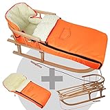 Holzschlitten aus Buchenholz, naturlackiert, Metallkufen, Bockstützen & Zugeisen pulverbeschichtet mit Rückenlehne (abnehmbar) und Zugseil