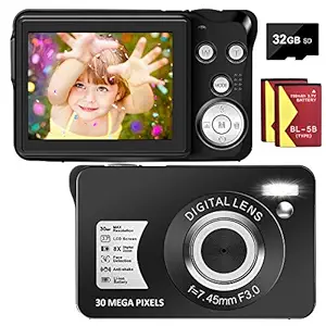 Digital Camera 30MP Camera 1080P Compact Camera 2.7 inch Pocket Camera,8X Digital Zoom Rechargeable Small Digital Cameras for Kids, Students, Teens,Beginners with 32GB SD Card and 2 Batteries