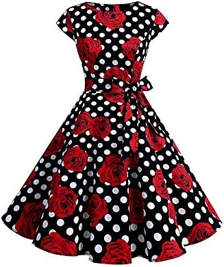 Siyu clothing Big Pendulum Wave Point Code Printed Cotton Skirt Elastic Restoration Hepburn Style Round Neck Dress (Black, XXL)