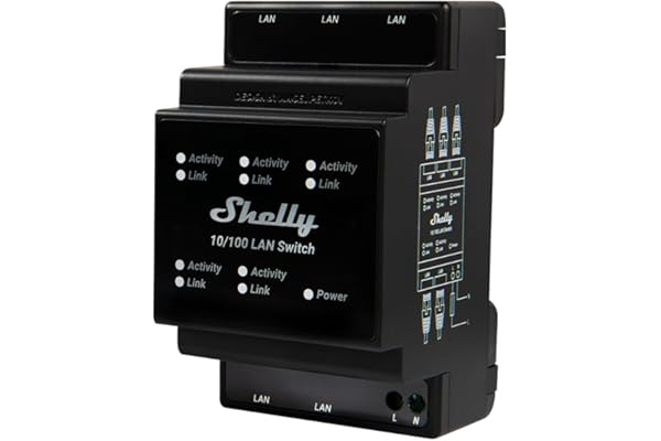 Shelly LAN Switch - Interrupteur/commutateur LAN, Répéteur Ethernet, Courant Alternatif 110V - 230 V, Montage sur Rail DIN, 5 Ports RJ45, App iOS, Android