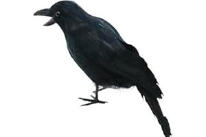 Veesper Halloween Decor Realistic Crow, 9.5" Large Black Feathered Standing Fake Crow Decor for Halloween Decor Birds, Spooky Lifelike Fake Raven Decor for Yard Tree Garden Patio